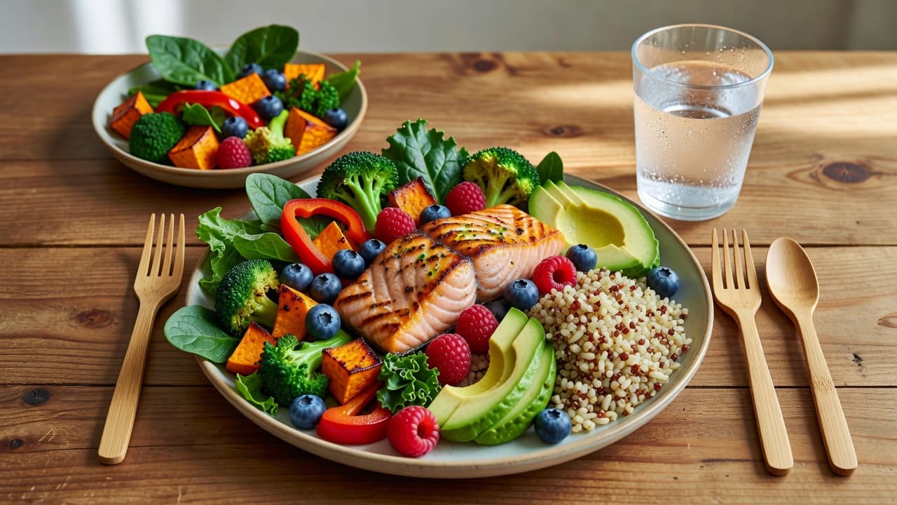 Nutritious meal with salmon, vegetables, berries, whole grains and water