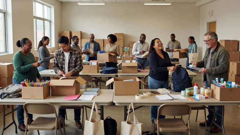 Diverse group of volunteers packing school supplies and essential items for a community donation event