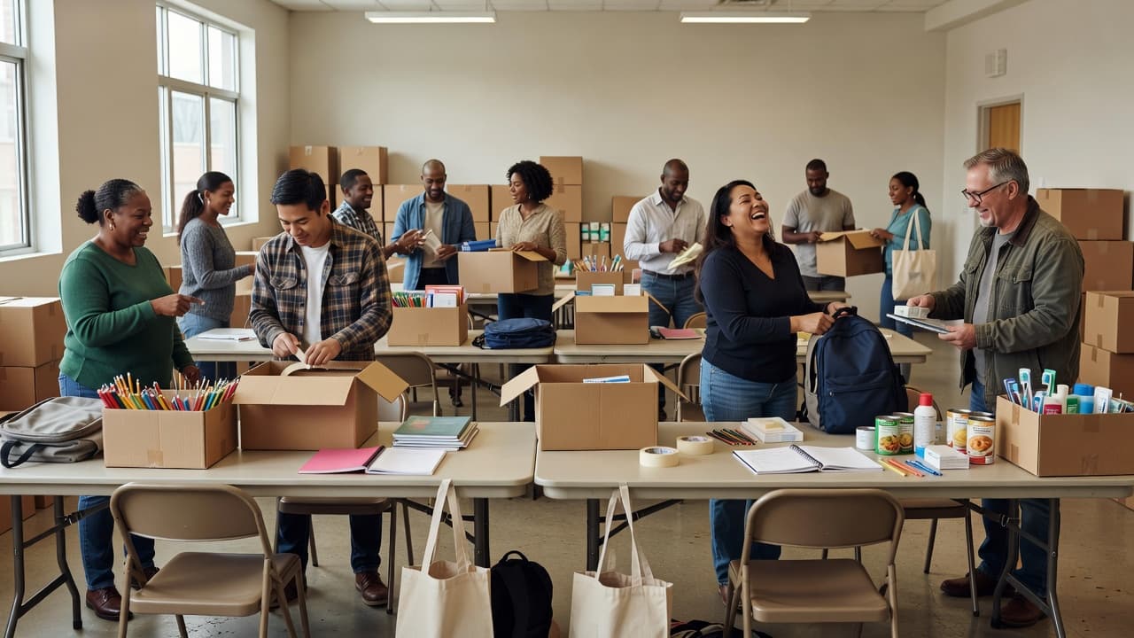 Diverse group of volunteers packing school supplies and essential items for a community donation event