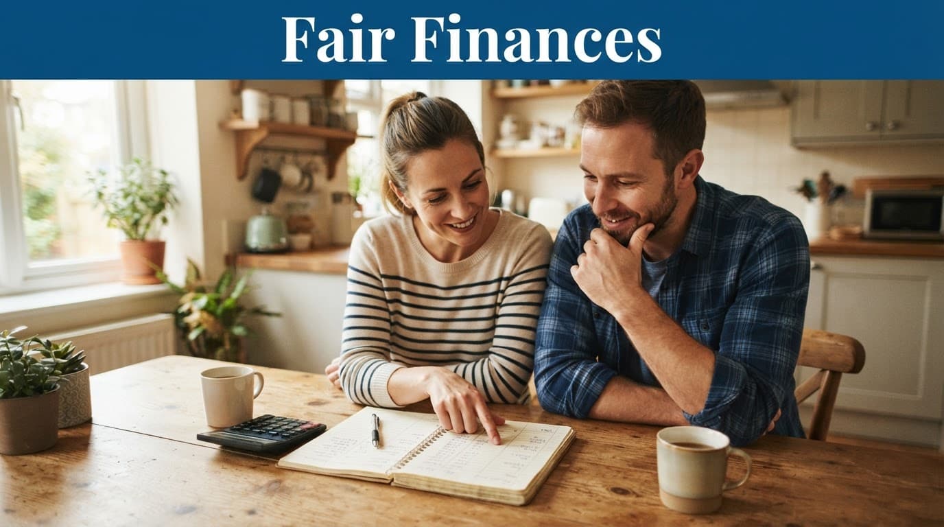 A couple reviews budget notes with a calculator at a wooden kitchen table.