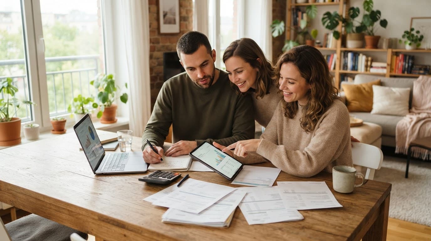 A couple reviews financial papers and tablets at a dining table.