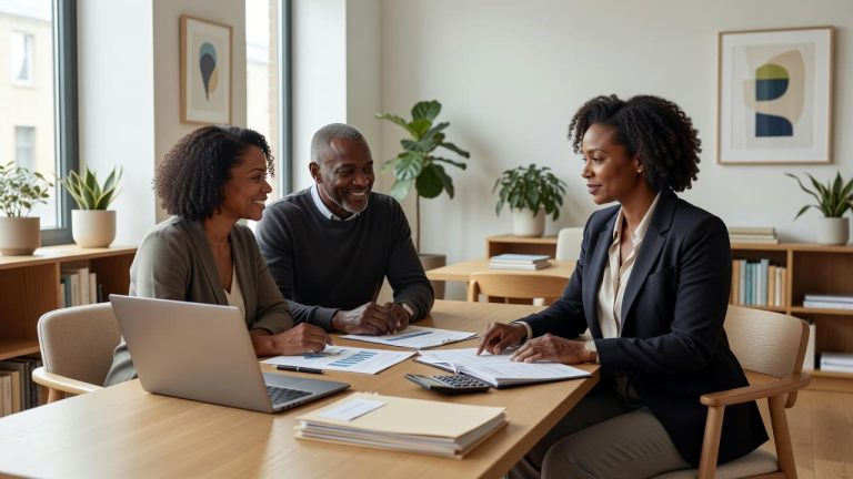 Couple meeting with a financial advisor to discuss retirement planning and long-term financial goals