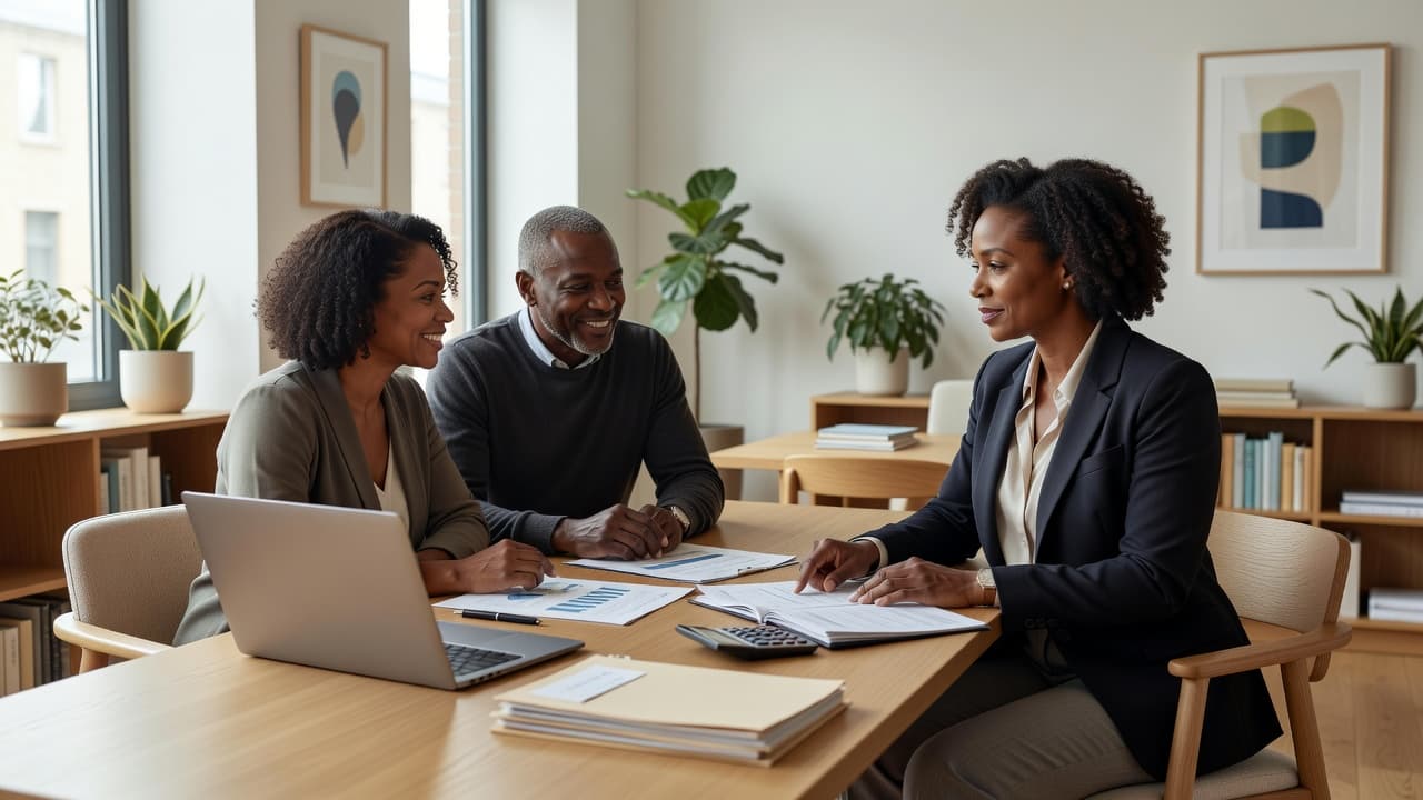 Couple meeting with a financial advisor to discuss retirement planning and long-term financial goals