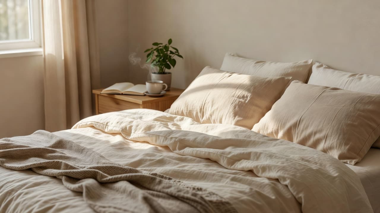 Peaceful bedroom with soft bedding, natural light, a plant and warm drink