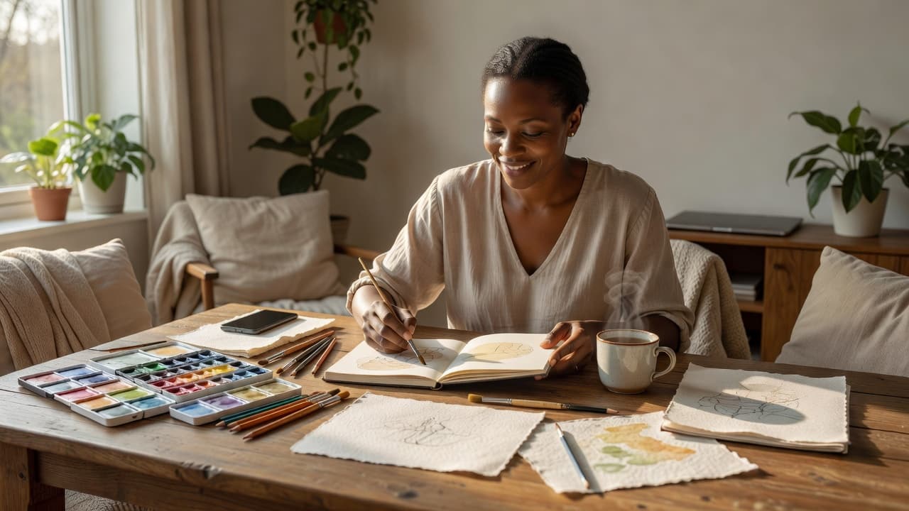 A woman enjoying a creative painting hobby during quiet time at home