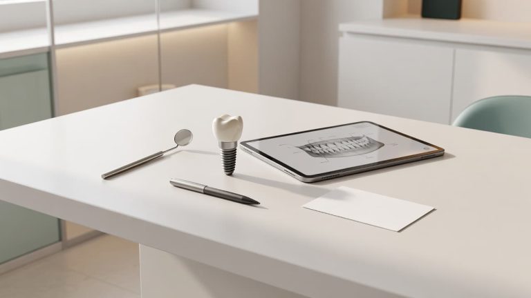 Dental implant model, dental mirror, and tablet with a digital jaw scan on a consultation desk.