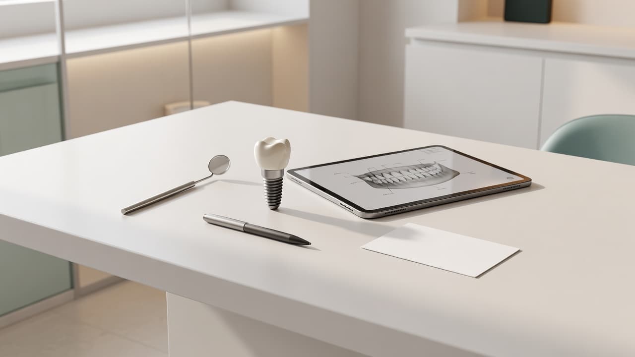 Dental implant model, dental mirror, and tablet with a digital jaw scan on a consultation desk.