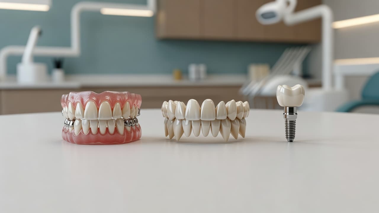 Dental models of dentures, a fixed bridge, and a single implant crown on a clinical counter.
