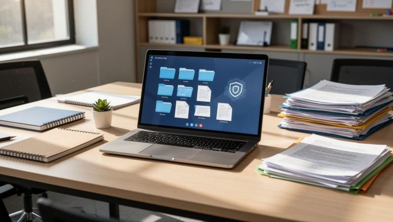Laptop displaying secure digital student records alongside organized paper files in an educational office