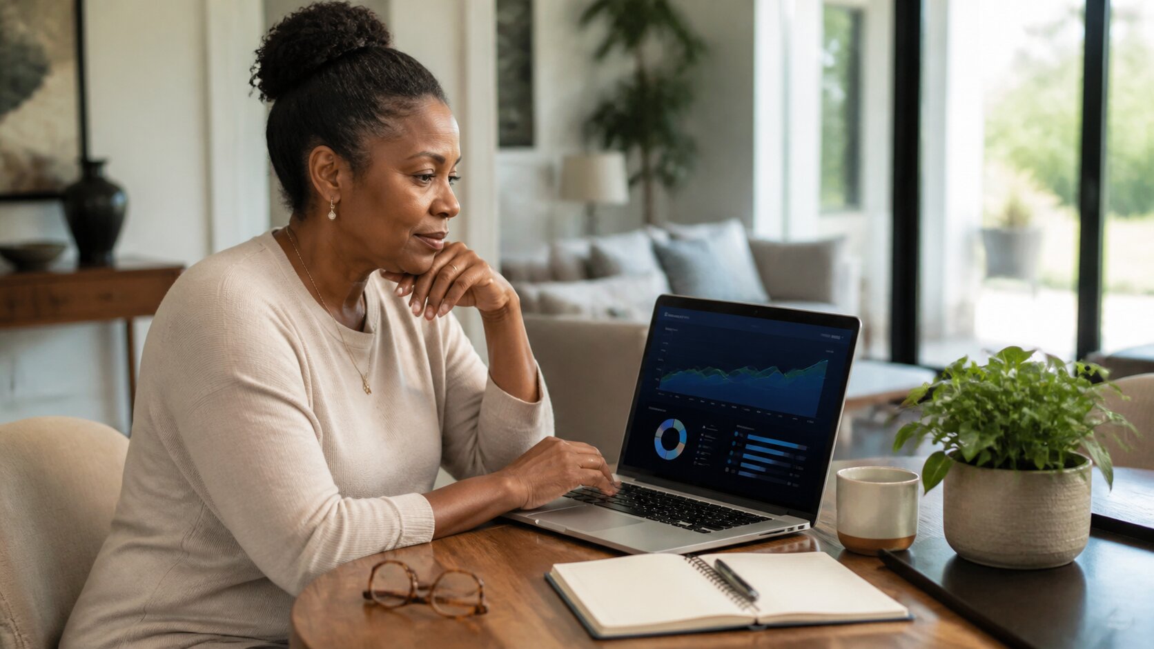 A woman reviewing abstract investment charts on a laptop at a dining table.