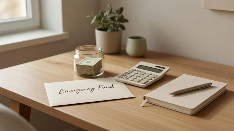 Emergency fund envelope, cash-filled jar, calculator, and notebook on a wooden desk.