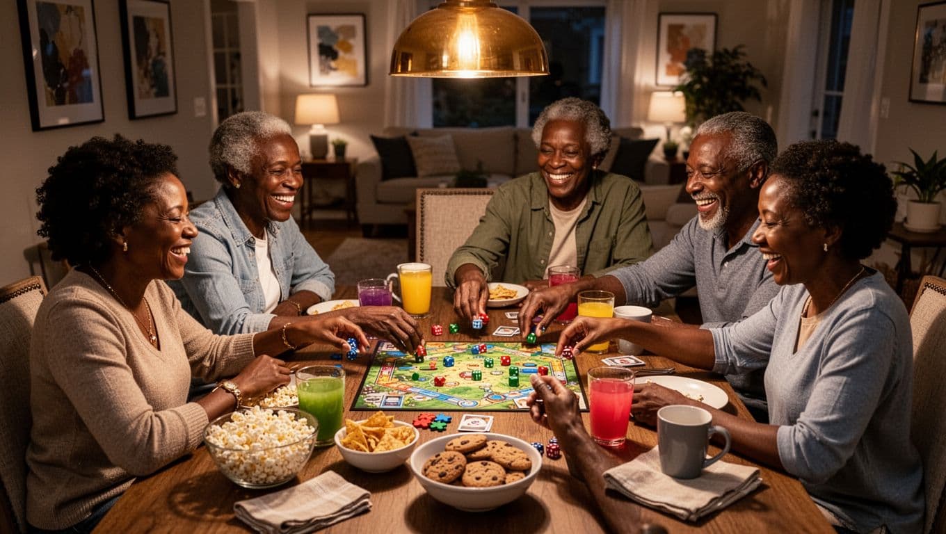 Black family members laughing and spending quality time together during a board game night