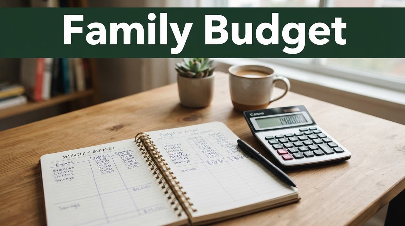 Notebook and calculator sit beneath a Family Budget headline.