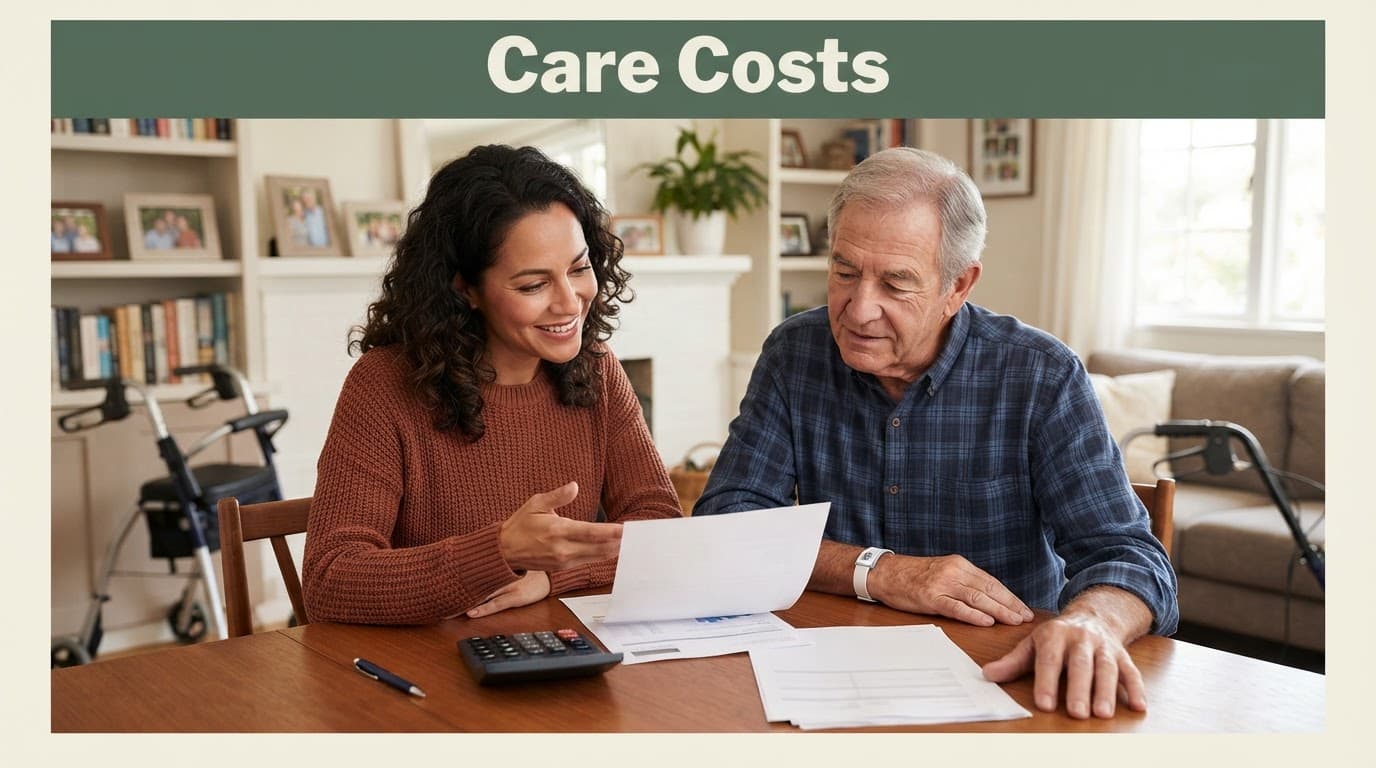 An adult daughter and elderly father review papers and a calculator at home.