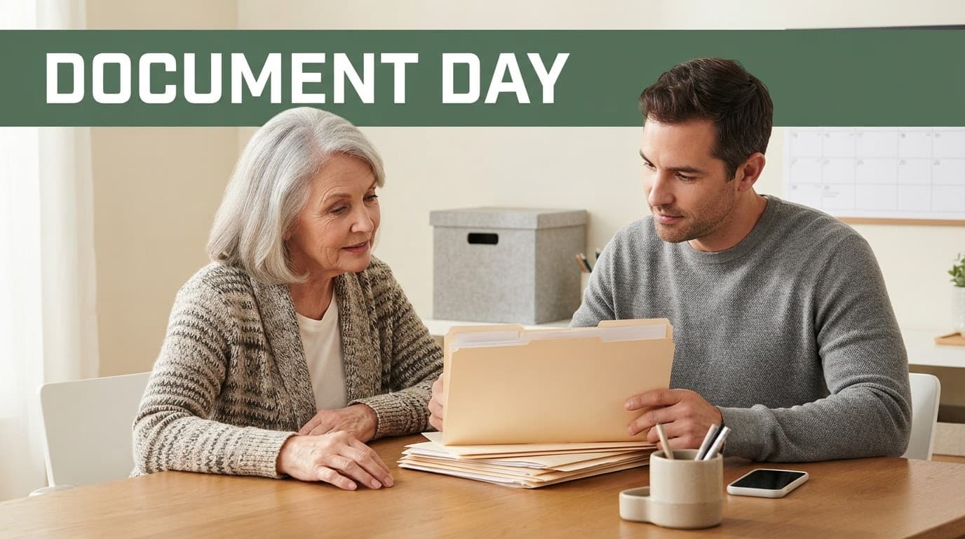 An adult son and elderly mother review folders at a kitchen table.
