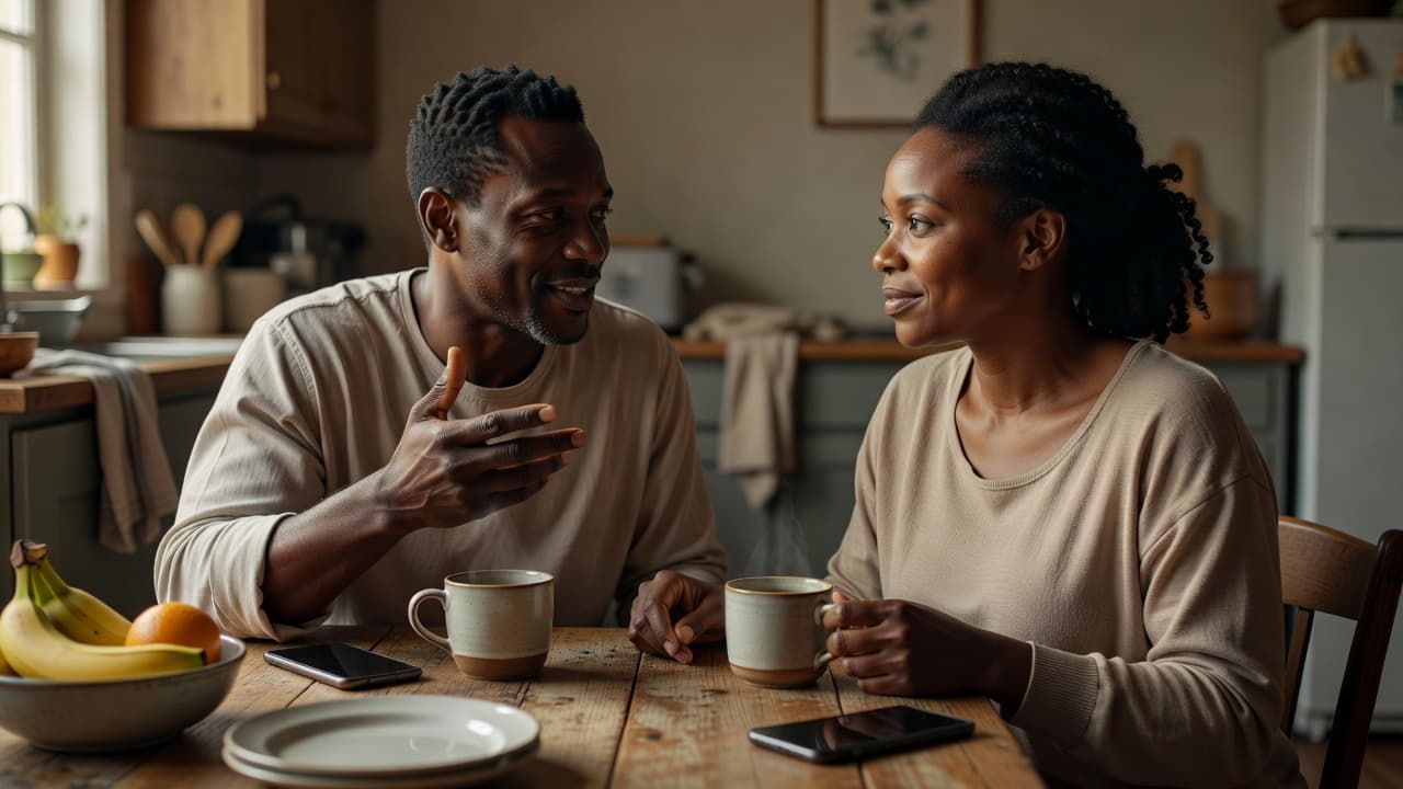 Black couple having a meaningful conversation and practicing active listening at the kitchen table