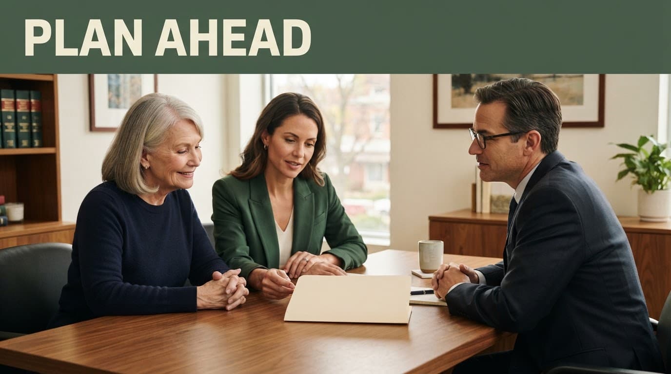 An adult daughter, older parent, and attorney review a blank folder at a consultation table.