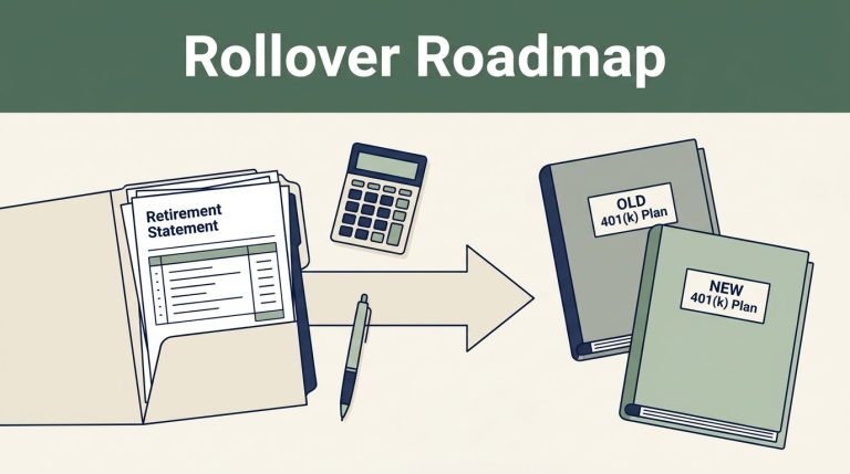Retirement papers, a calculator, pen, and two binders frame a forward path.