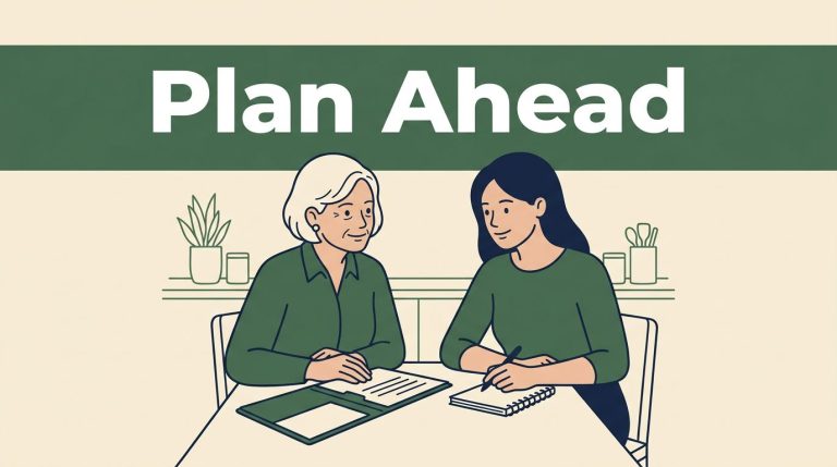 An older mother and daughter review paperwork together at a kitchen table.