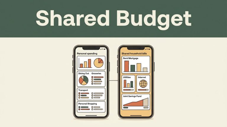 Two phones show personal spending and shared household finances beneath a green Shared Budget headline.