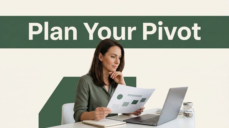 A woman reviews a career roadmap beside a laptop, notebook, and savings jar.