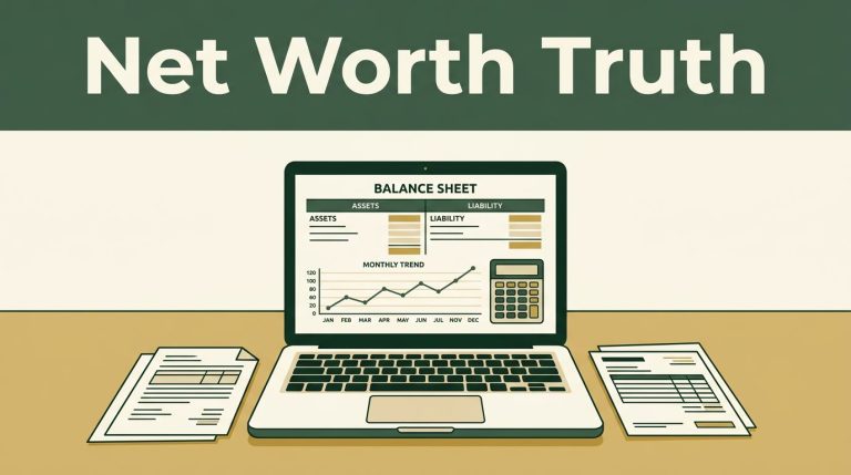 Laptop showing a balance sheet beside a calculator and financial papers.