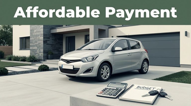 A silver car sits by a modern home with a calculator, notebook, and keys in front.