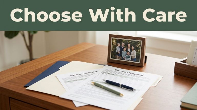 A beneficiary form, pen, folder, and family photo arranged on a desk beneath a green banner.