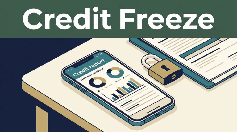 A smartphone, padlock, and documents arranged on a desk under a Credit Freeze heading.