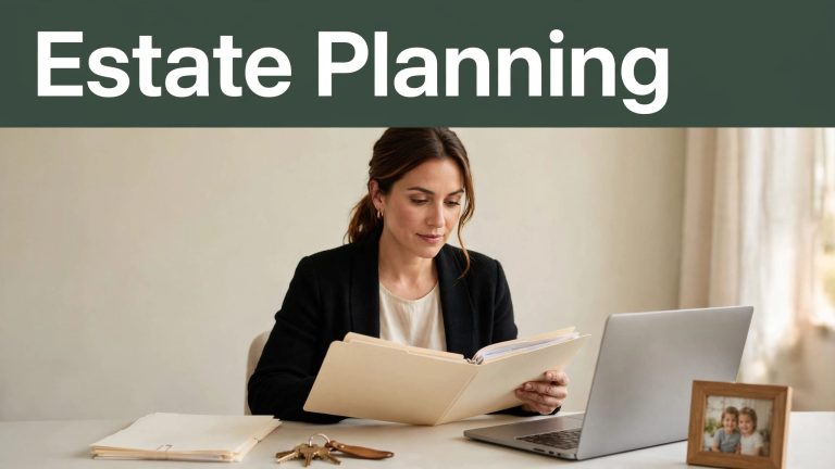 A mother reviews estate documents beside a laptop, keys, and family photo.