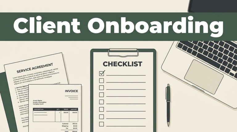 Freelancer desk with a checklist, agreement, invoice, laptop, and pen.