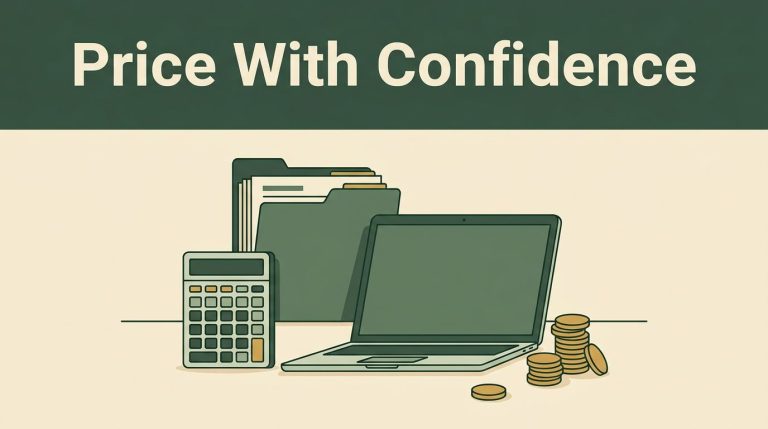 Calculator, laptop, project folder, and stacked coins beneath a green pricing banner.