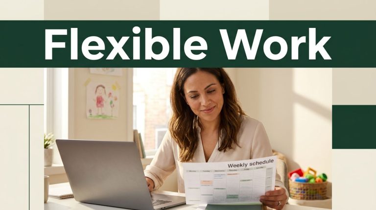 A mother reviews her work schedule at a home-office desk with childcare items nearby.