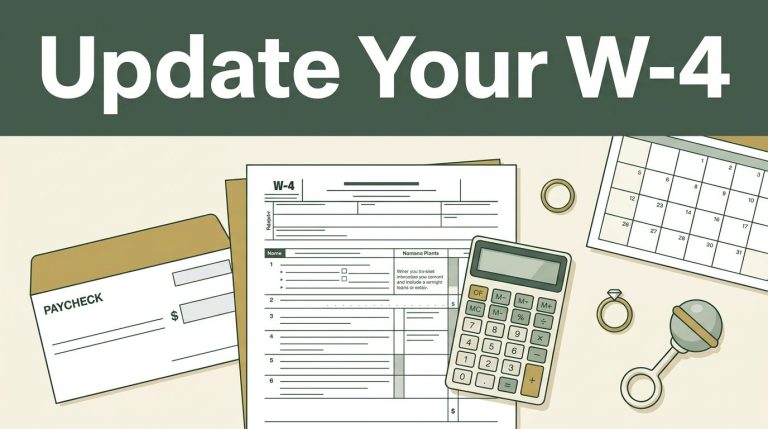 A blank W-4 form with a calculator, paycheck envelope, calendar, ring, and baby rattle.