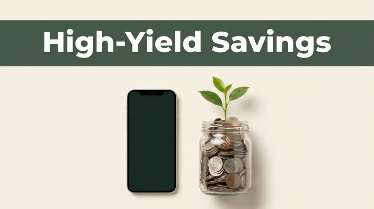 A smartphone and coin-filled savings jar with a small plant beneath a green headline band.