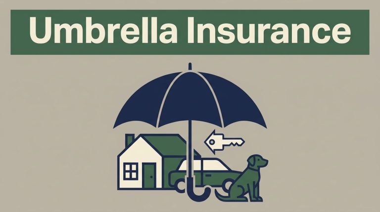 A navy umbrella shelters a home, car, key, and dog beneath an Umbrella Insurance headline.