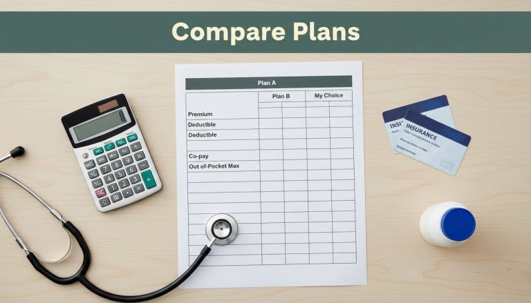 A health insurance worksheet with a calculator, stethoscope, medicine bottle, and two insurance cards.