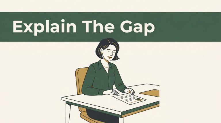 Woman reviewing a resume beneath an Explain The Gap banner.