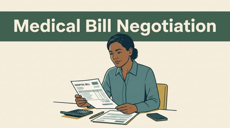 Patient reviews a hospital bill and insurance papers with a calculator, pen, and smartphone.