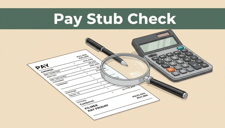 Pay stub, calculator, pen, and magnifying glass arranged on a desk beneath a green headline band.