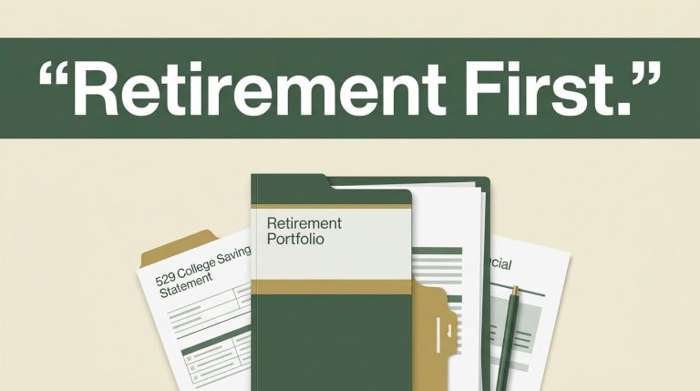 Financial folders and a 529 statement sit beneath a banner reading “Retirement First.”