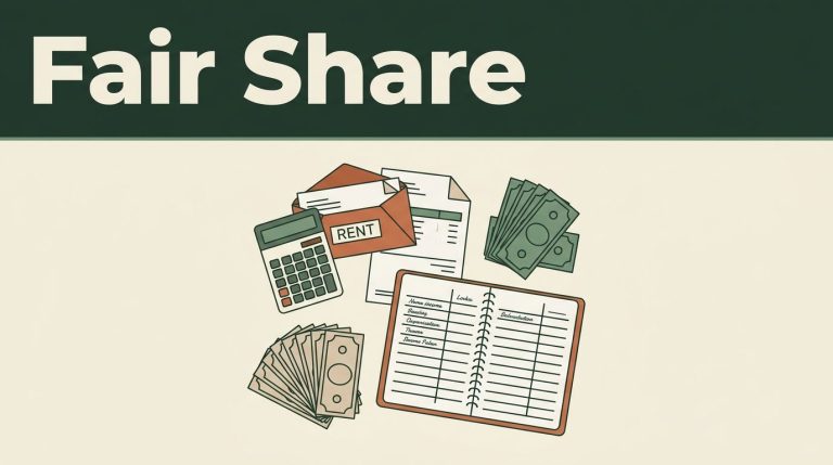 Overhead view of bills, a calculator, banknotes, and a notebook beneath a Fair Share banner.