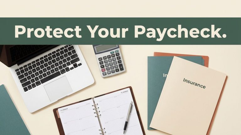 A laptop and insurance folders arranged on a desk beneath a green paycheck protection banner.