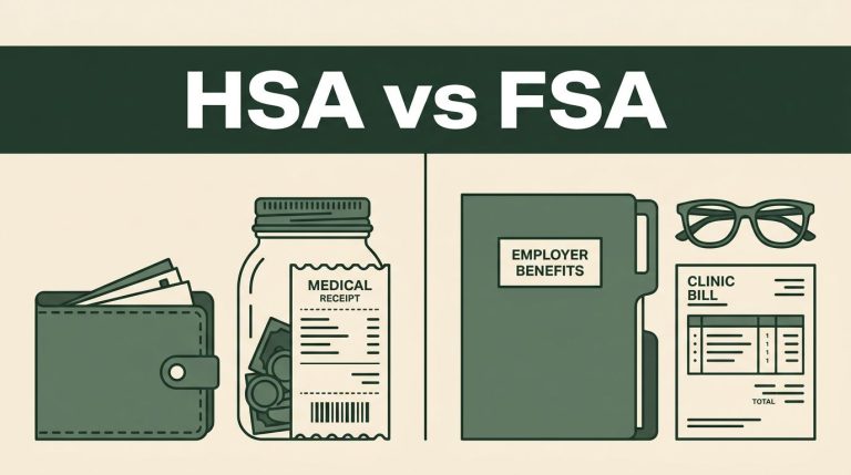 Split graphic comparing HSA and FSA with healthcare and benefits items.