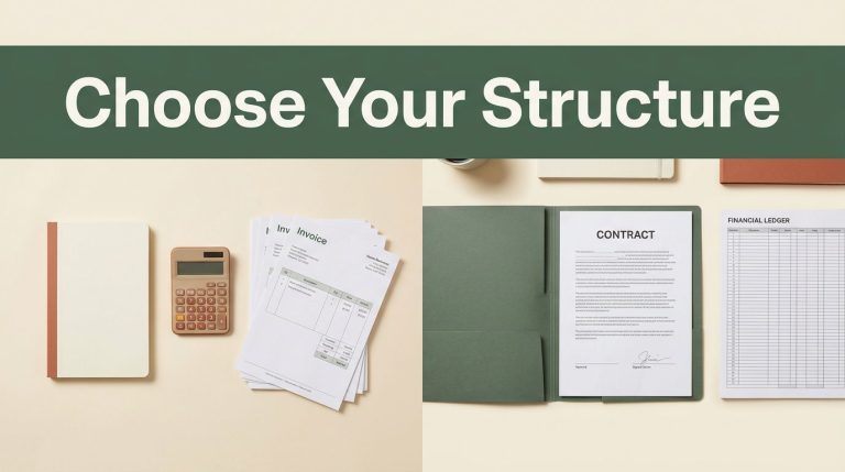 Split desks show invoices and a calculator on one side, with contracts and a ledger on the other.