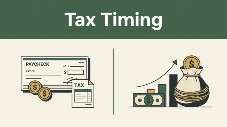 Split illustration comparing a paycheck and tax document with a growing retirement nest egg.