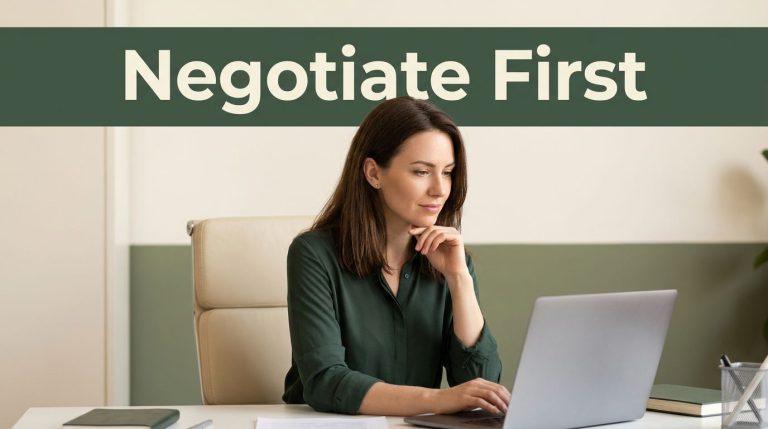Woman reviewing a job offer beneath a green “Negotiate First” banner.