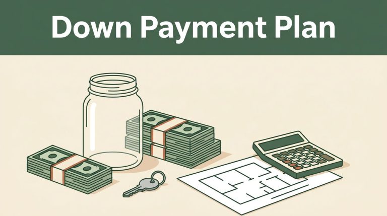 Savings jar, bills, rental key, calculator, and home floor plan on a tabletop.