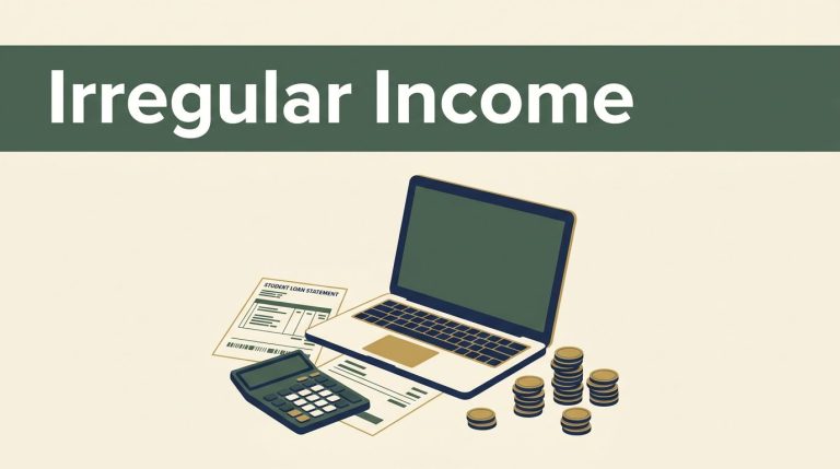 Laptop, calculator, loan statement, and uneven coin stacks illustrate student loan planning.