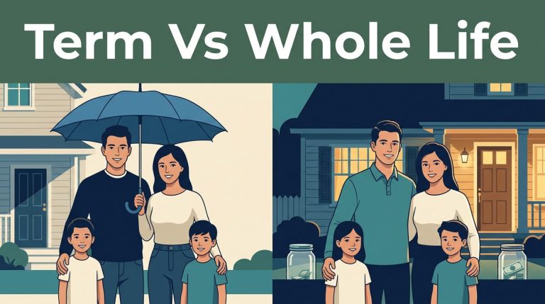 A family scene compares a blue umbrella with a warmly lit home and savings jar.